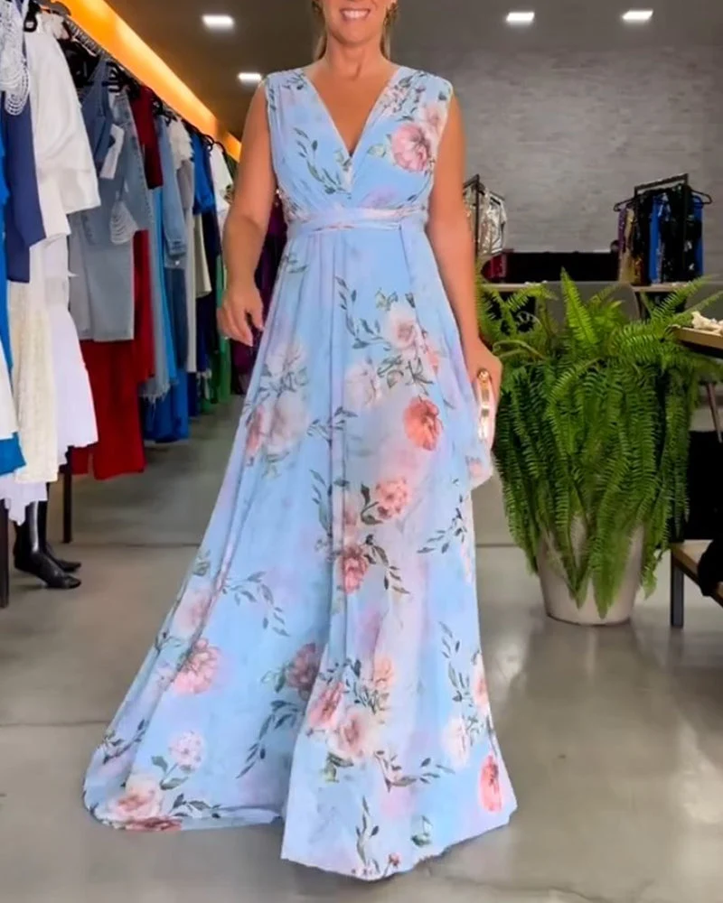 Elegant floral print and V-neck sleeveless dress - karumail