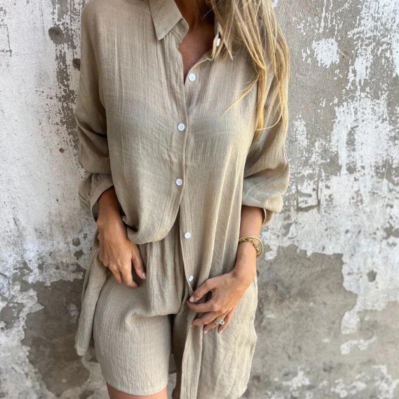 Women's Casual Long Sleeve Shirt & Shorts Two-Piece Set - karumail