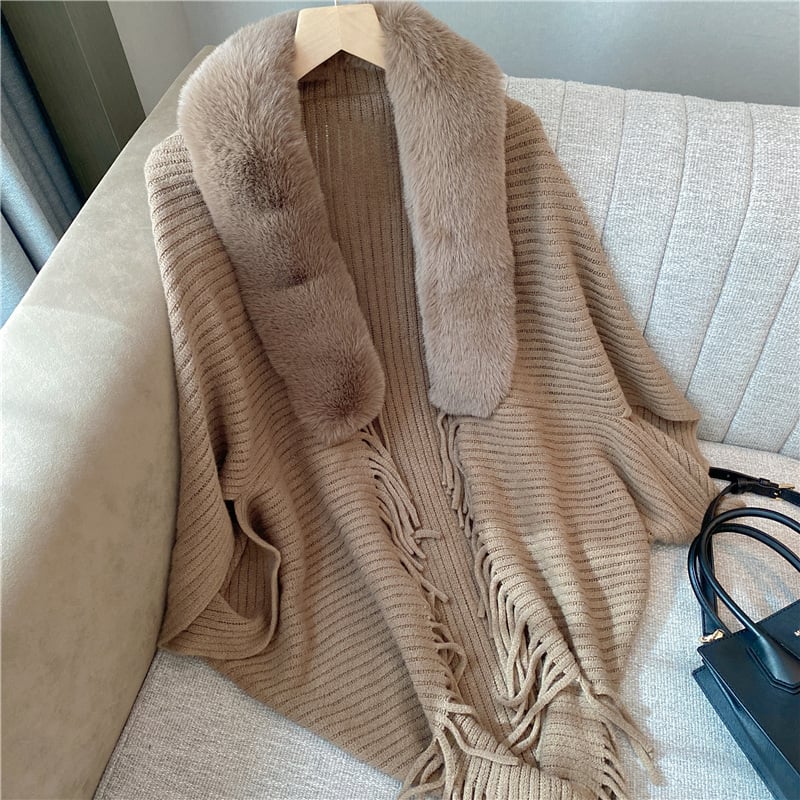 Winter Knit Fringe Fur Collar Shawl - karumail