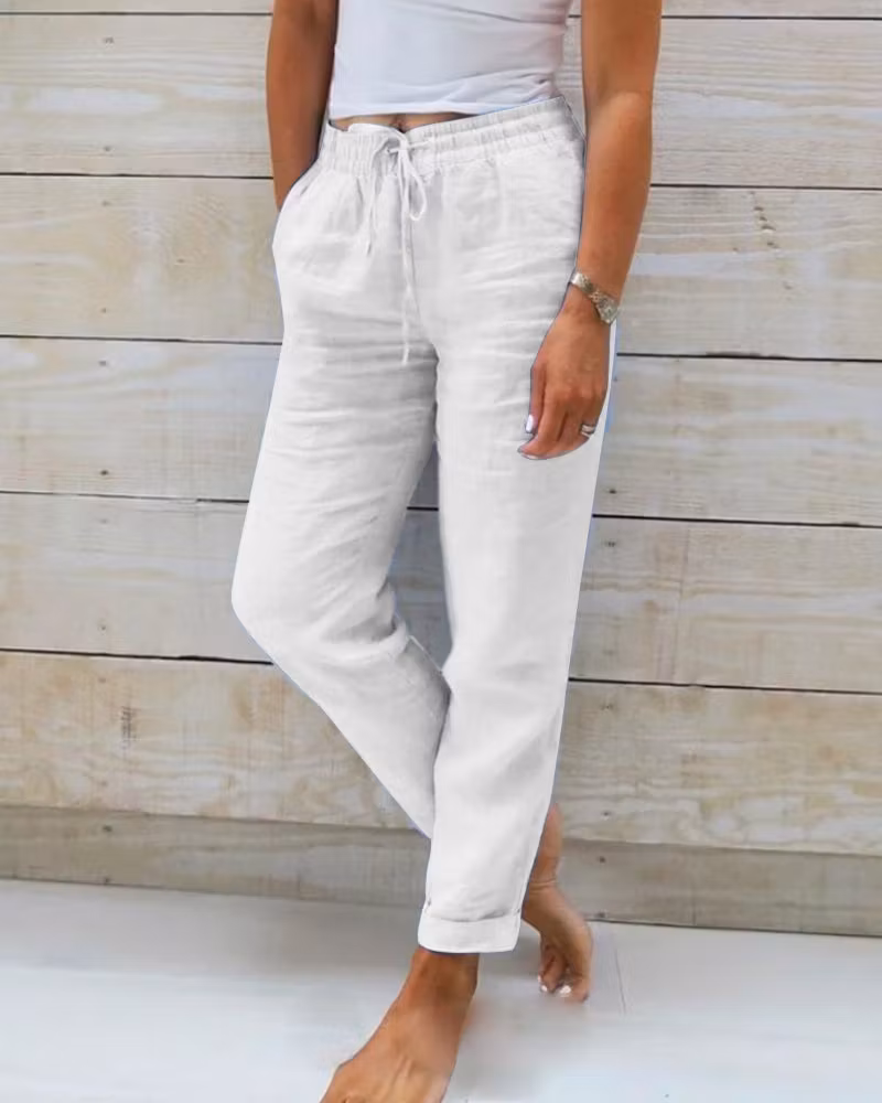 Women's  Elastic Waist Cotton Linen Casual Pants - karumail