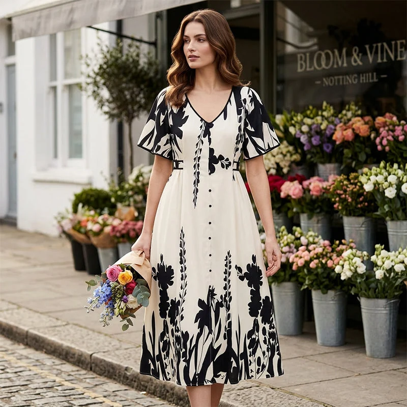 🌿 Soft Botanical Print V-Neck Midi Dress – Elegant, Lightweight & Versatile for Any Occasion 🌸 - karumail