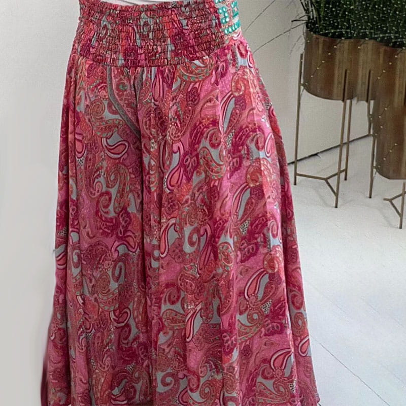 Ethnic Paisley Print Elastic Patchwork-Waist Lightweight Pants - karumail