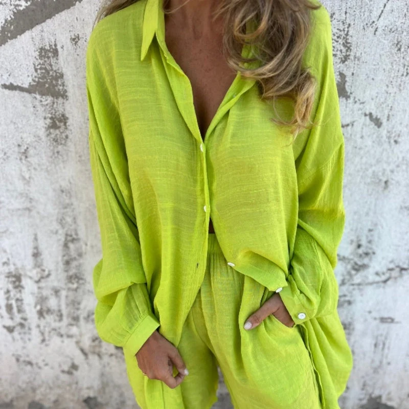 Women's Casual Long Sleeve Shirt & Shorts Two-Piece Set - karumail