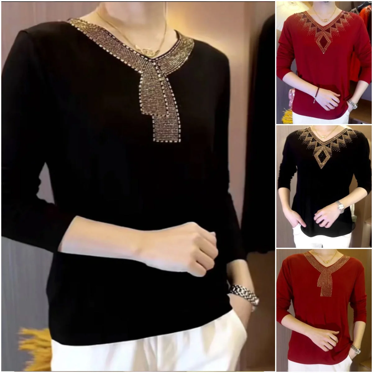 【M-4XL】2024 High quality winter velvet long sleeve t-shirt with rhinestones, warm and fashionable - karumail