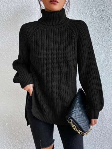 Cotton Turtleneck Raglan Sleeve Split Hem Sweater - karumail