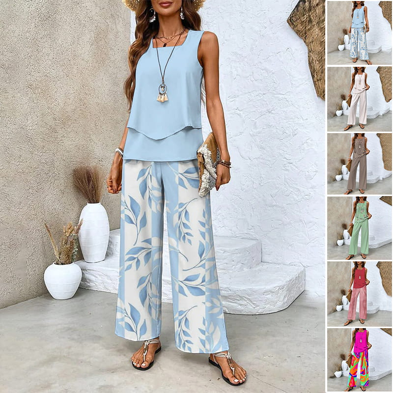 🌺Women’s Trendy Print 2 Piece Outfits Sleeveless Top & Pants - karumail