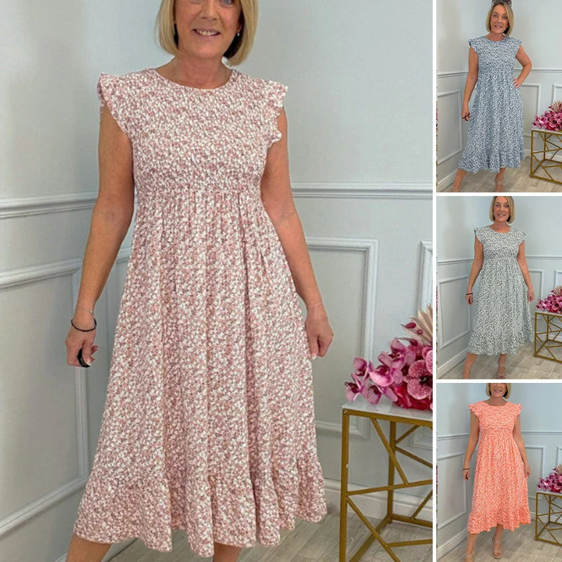 💃Women's Elegant Floral Print High-Waisted Ruffle Cap Sleeve Dress - karumail
