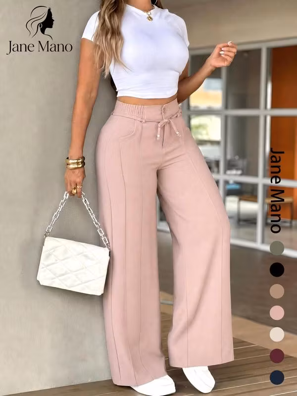 Women's High-Waisted Straight Leg Trousers – Front seam & elastic back – Versatile, comfortable & perfect for office or casual wear✨🌸 - karumail