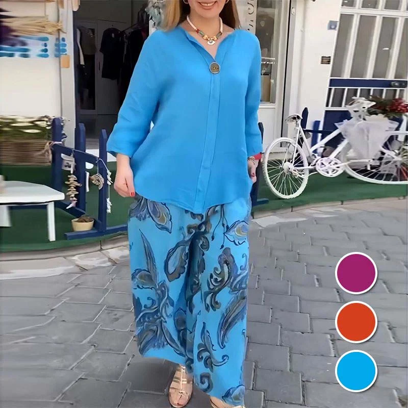 Women’s Casual Printed Long-sleeve Blouse and Wide-leg Pants 2-piece Set - karumail