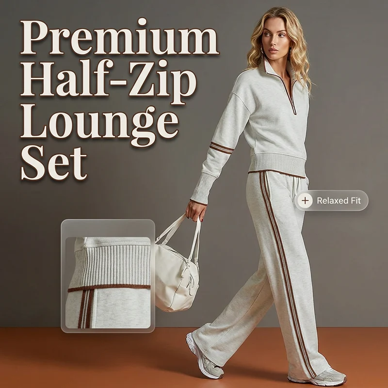 ✨ Effortless Comfort | Women's Half-Zip Top & Wide-Leg Pants 2-Piece Set - karumail