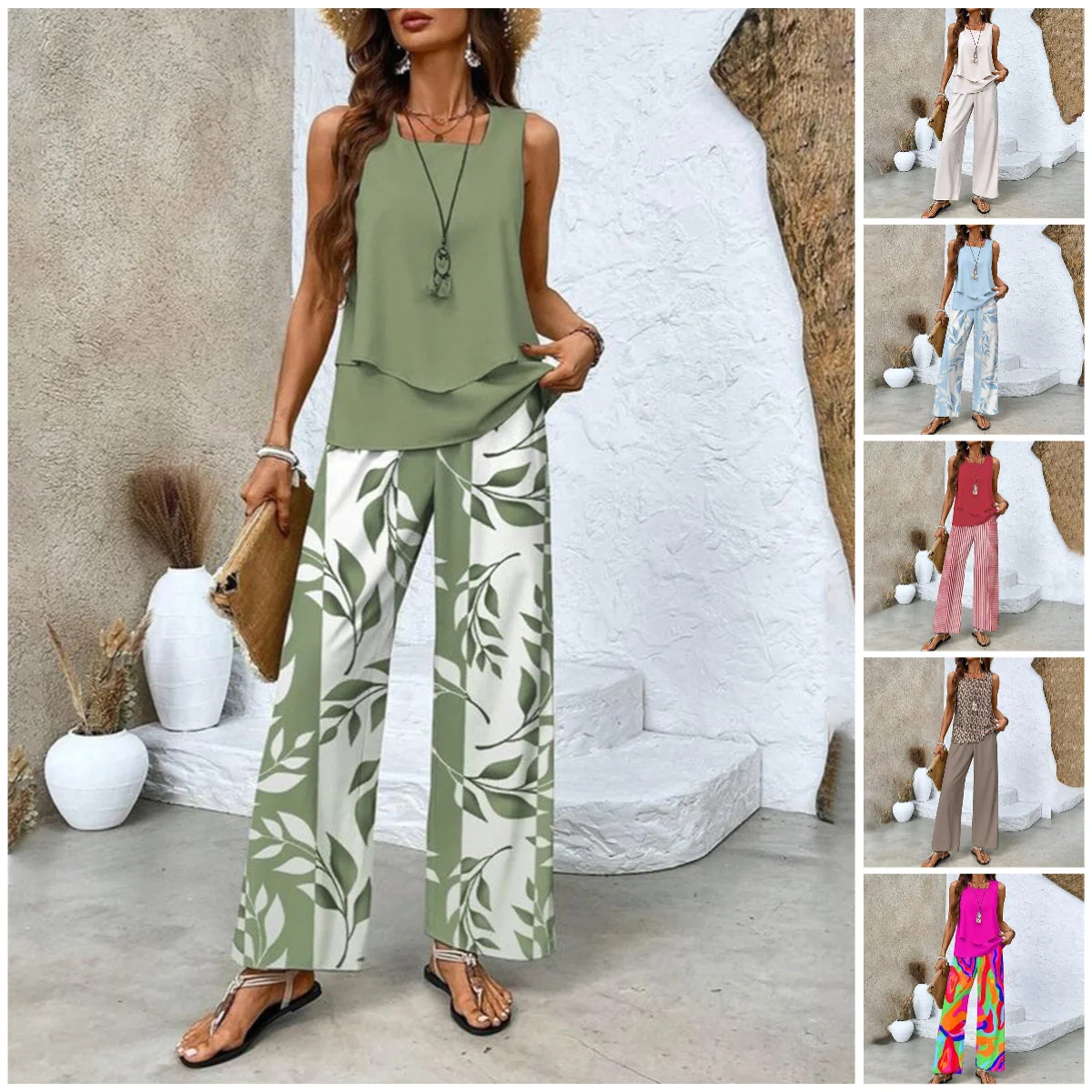🌺Women’s Trendy Print 2 Piece Outfits Sleeveless Top & Pants - karumail