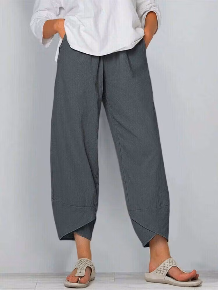 Vintage Asymmetrical Elastic Waist Pockets Pants - karumail