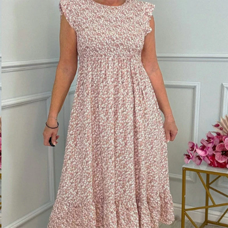 💃Women's Elegant Floral Print High-Waisted Ruffle Cap Sleeve Dress - karumail