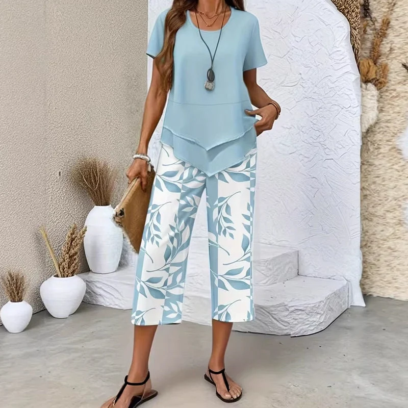 👗Women's 2-Piece Set – Layered Asymmetrical Tunic Top & Printed Wide Leg Pants, Breathable Polyester✨ - karumail