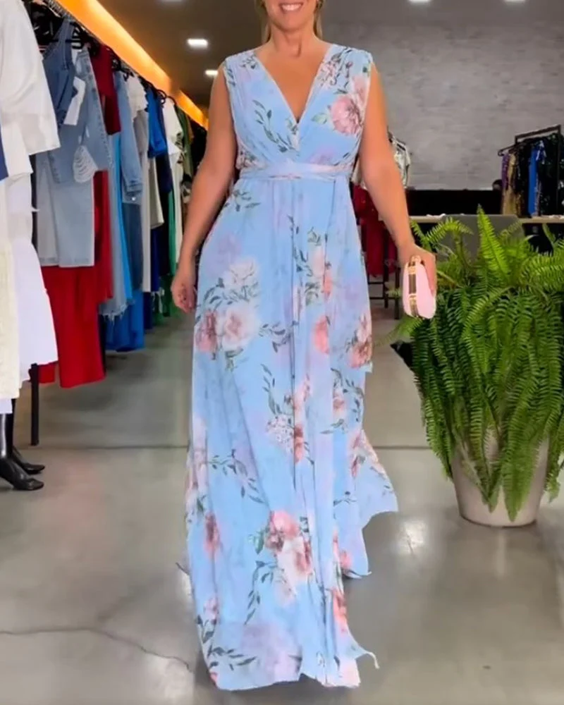 Elegant floral print and V-neck sleeveless dress - karumail
