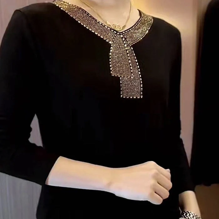 【M-4XL】2024 High quality winter velvet long sleeve t-shirt with rhinestones, warm and fashionable - karumail