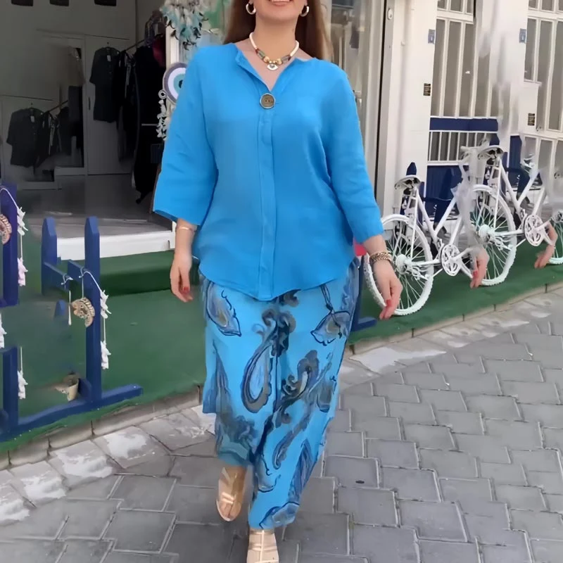 Women’s Casual Printed Long-sleeve Blouse and Wide-leg Pants 2-piece Set - karumail