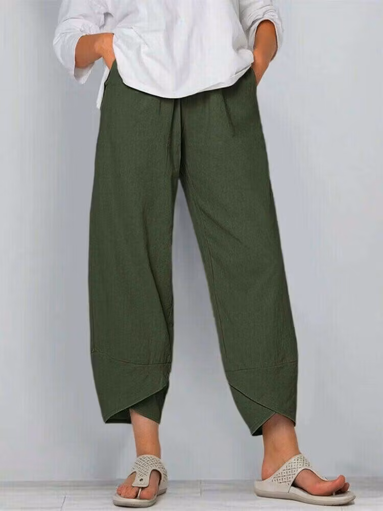 Vintage Asymmetrical Elastic Waist Pockets Pants - karumail