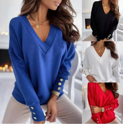 Solid Color Cuff Button Top V-Neck Knit Sweater - karumail