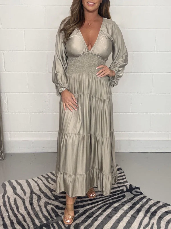 Silk Smocked Waist Long Sleeve Maxi Dress - karumail