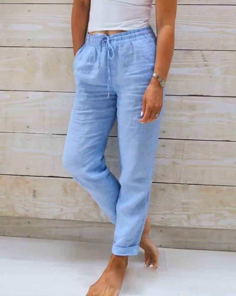 Women's  Elastic Waist Cotton Linen Casual Pants - karumail