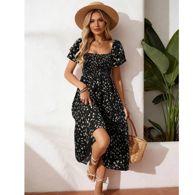 ✨Square Neck Floral Midi Dress – Smocked Bodice, Flowy Tiered Skirt, Romantic🌸 - karumail