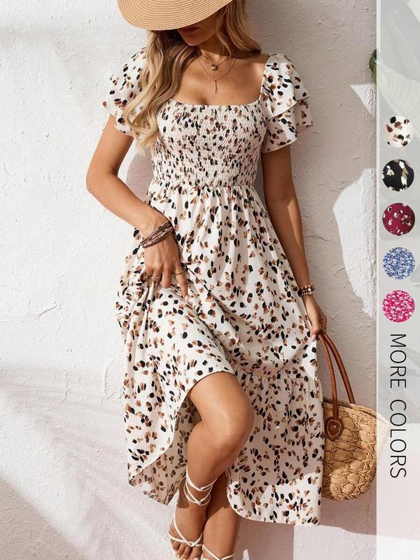 ✨Square Neck Floral Midi Dress – Smocked Bodice, Flowy Tiered Skirt, Romantic🌸 - karumail
