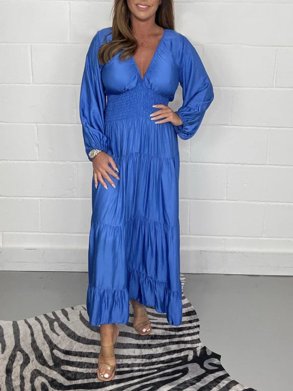Silk Smocked Waist Long Sleeve Maxi Dress - karumail