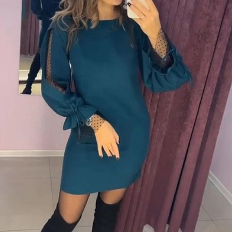💖Long Sleeve Mesh Dress with Round Neck - karumail