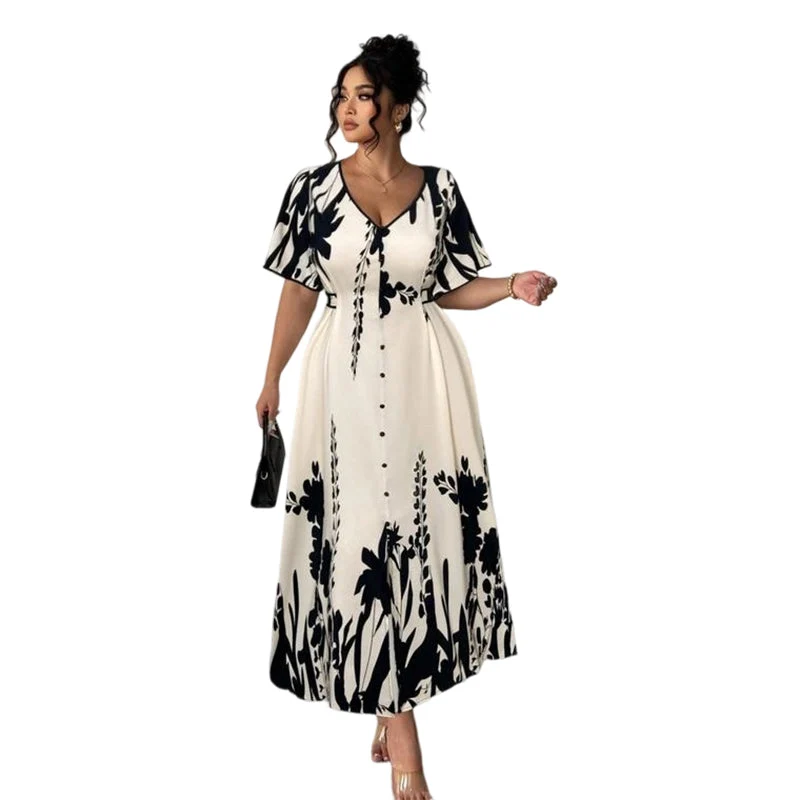 🌿 Soft Botanical Print V-Neck Midi Dress – Elegant, Lightweight & Versatile for Any Occasion 🌸 - karumail