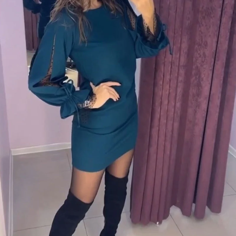 💖Long Sleeve Mesh Dress with Round Neck - karumail