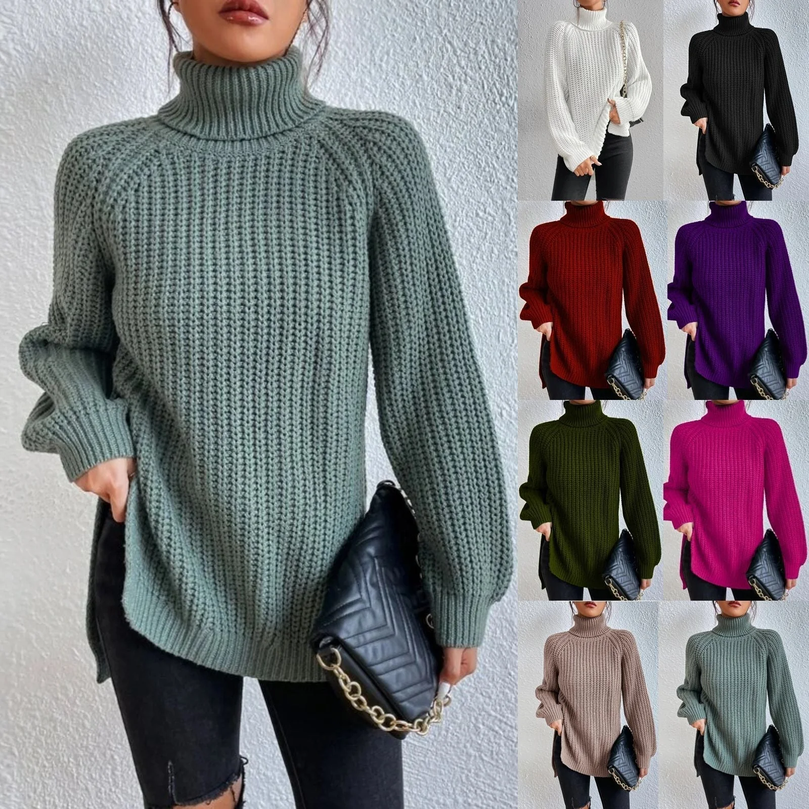 Cotton Turtleneck Raglan Sleeve Split Hem Sweater - karumail